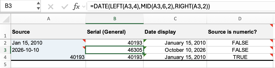 DATE with LEFT, MID, and RIGHT converts the text 2026-10-10 in A3 to date serial 46305 in B3
