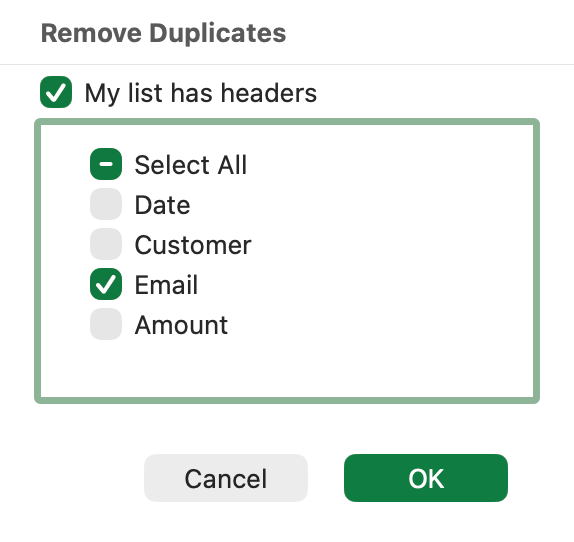 Remove Duplicates dialog with headers enabled and only Email selected for comparison