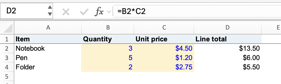 Order form with yellow quantity and unit-price inputs, calculated line totals, and D2's formula =B2*C2