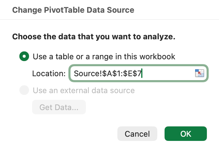 Excel for Mac Change PivotTable Data Source dialog with Location set to Source!$A$1:$E$7.
