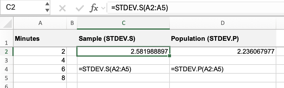 Standard deviation in Excel for values 2, 4, 6, and 8, with STDEV.S returning 2.581988897 and STDEV.P returning 2.236067977