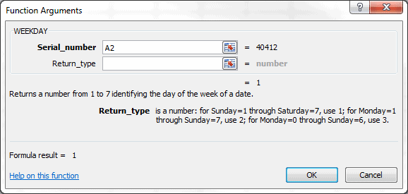 WEEKDAY Function Arguments Dialog Box