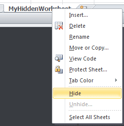 Hide a Worksheet Shortcut