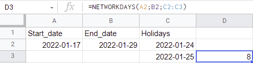 Image of an Excel list showing NETWORKDAYS formula