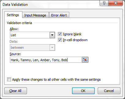 Data validation - Excel pick from drop down list