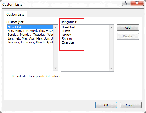 Custom Lists dialog Box Add
