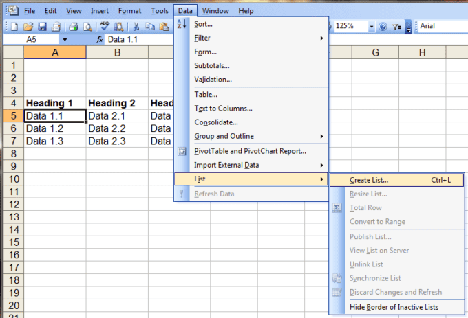Create a List in Excel 2003