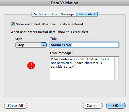 Data Validation Error tab