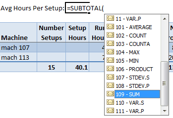 SUBTOTAL Autocomplete list Windows