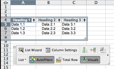 List in Excel 2008