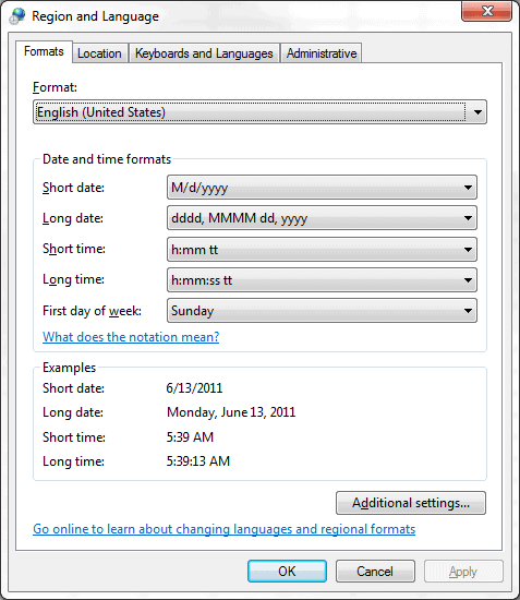 Windows Region and Language Dialog Box