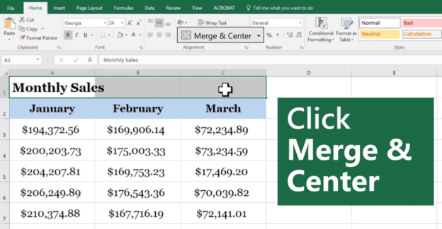 How to merge cells in excel: Screen shot of an Excel spreadsheet with cells being merged.