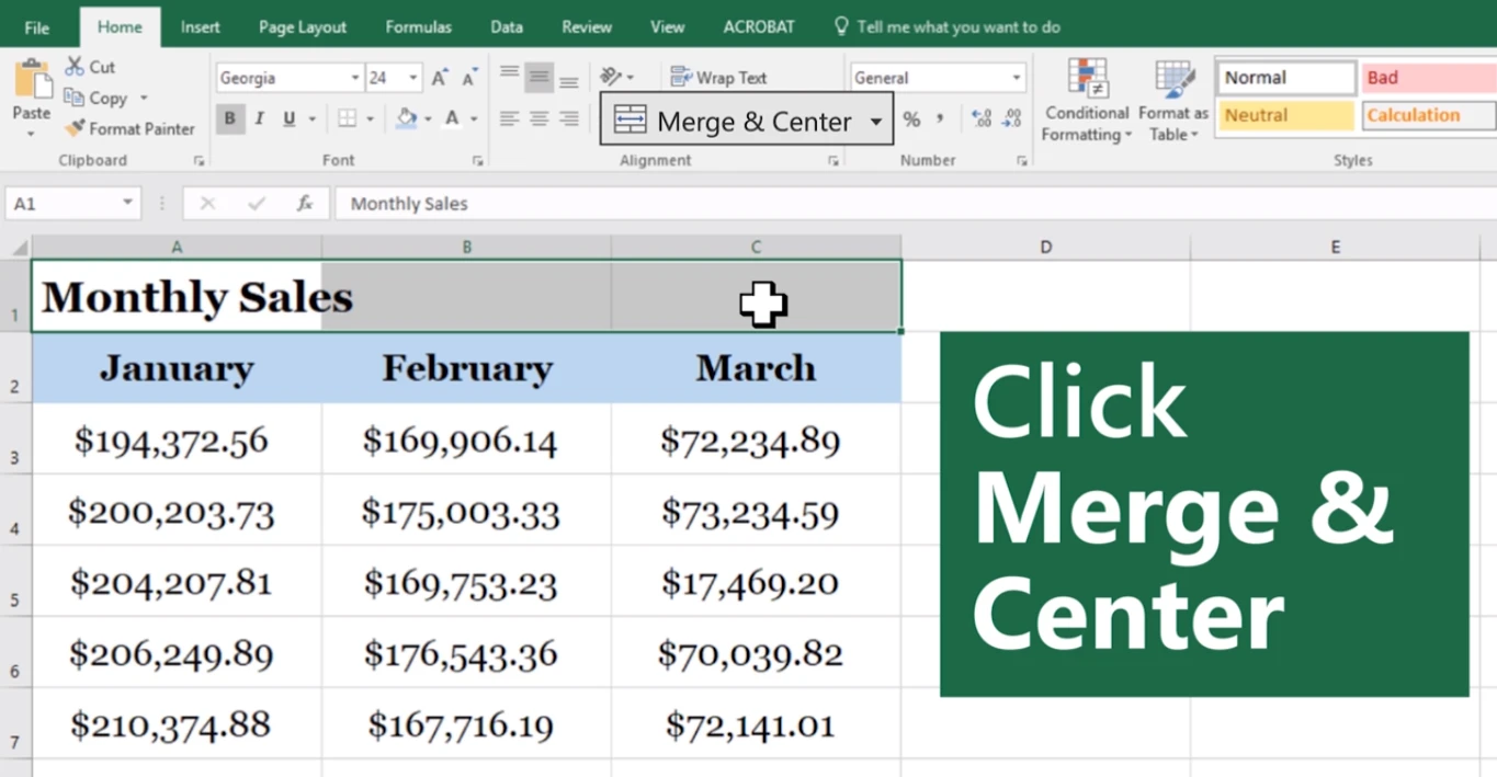 How to merge cells in excel: Screen shot of an Excel spreadsheet with cells being merged.