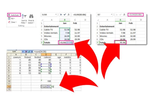 How to add cells in Excel (screen shots of cell data added up via the SUM formula).