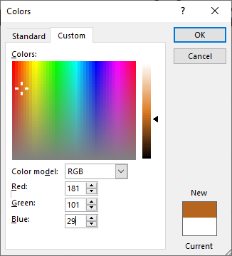 color tab showing different options of color model in excel