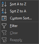 sort and filter dropdown menu