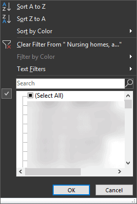 text filter dropdown menu