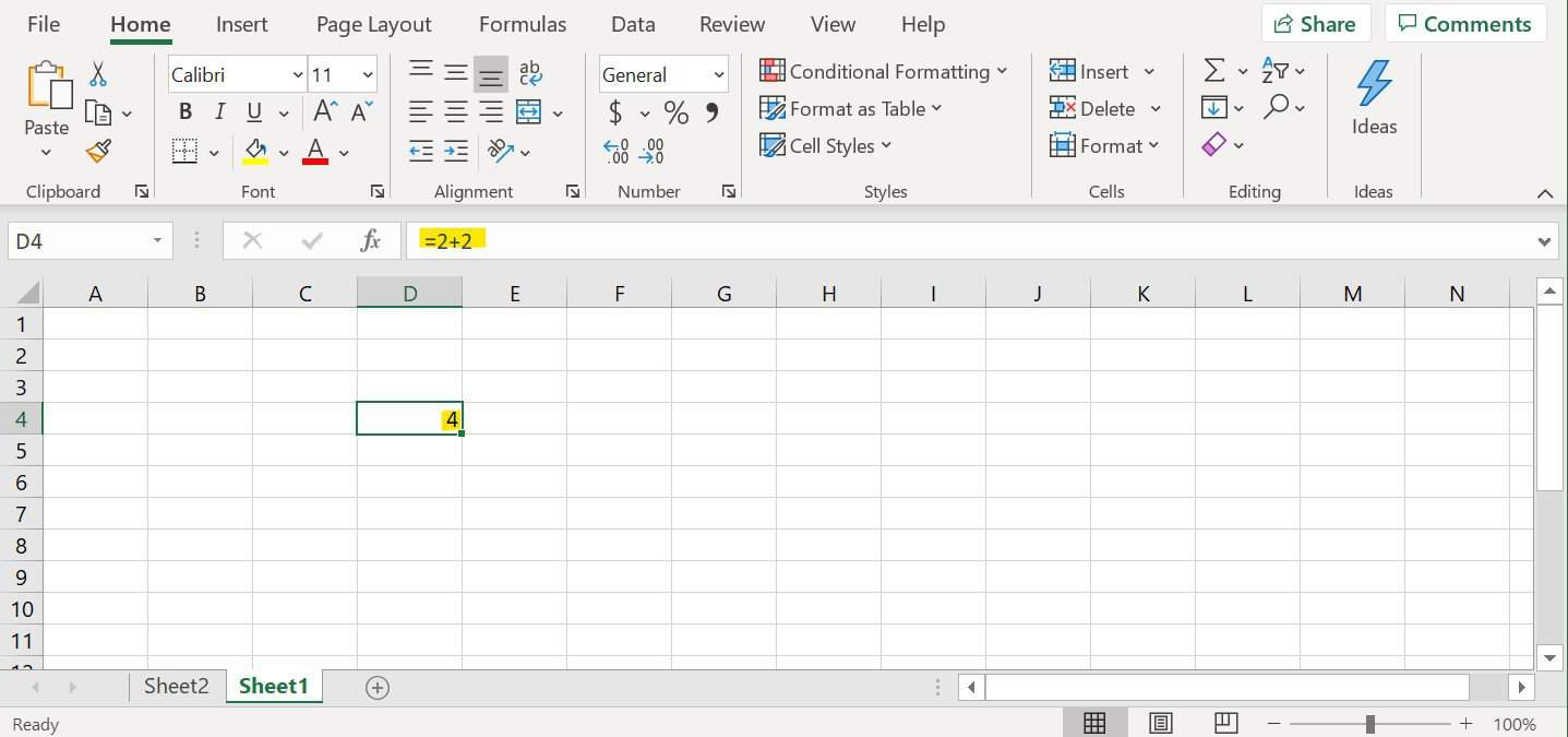 Image of Excel showing formula bar with =2+2 and cell D4 showing 4
