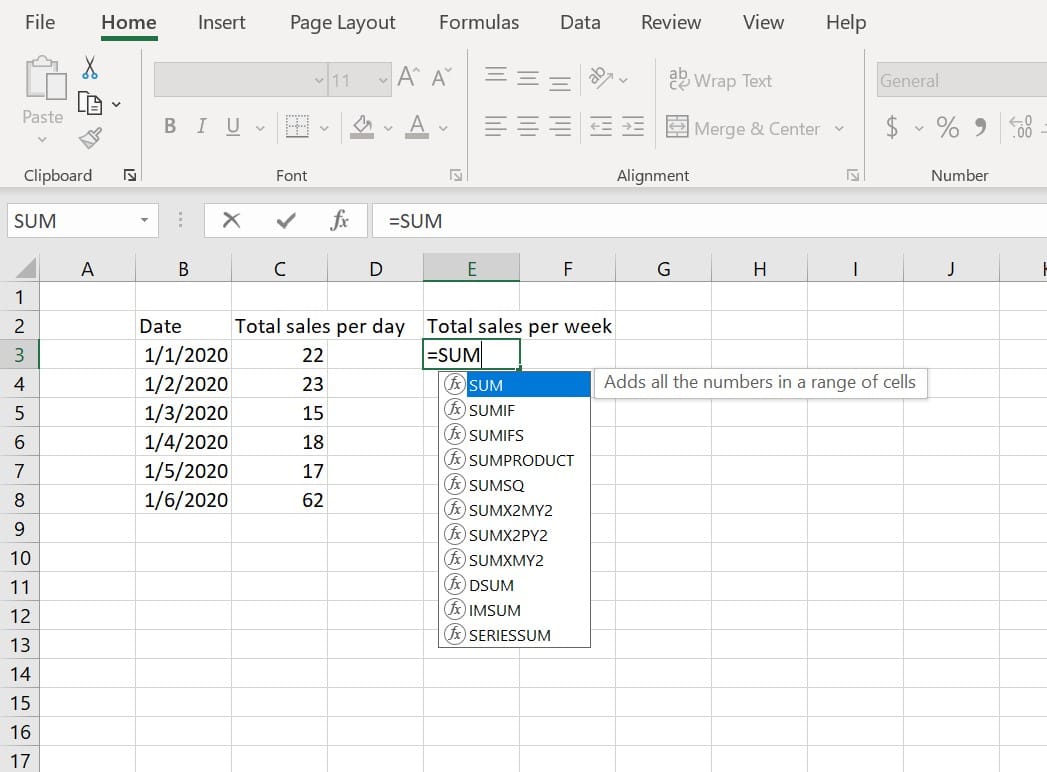 image of excel showing the addition function