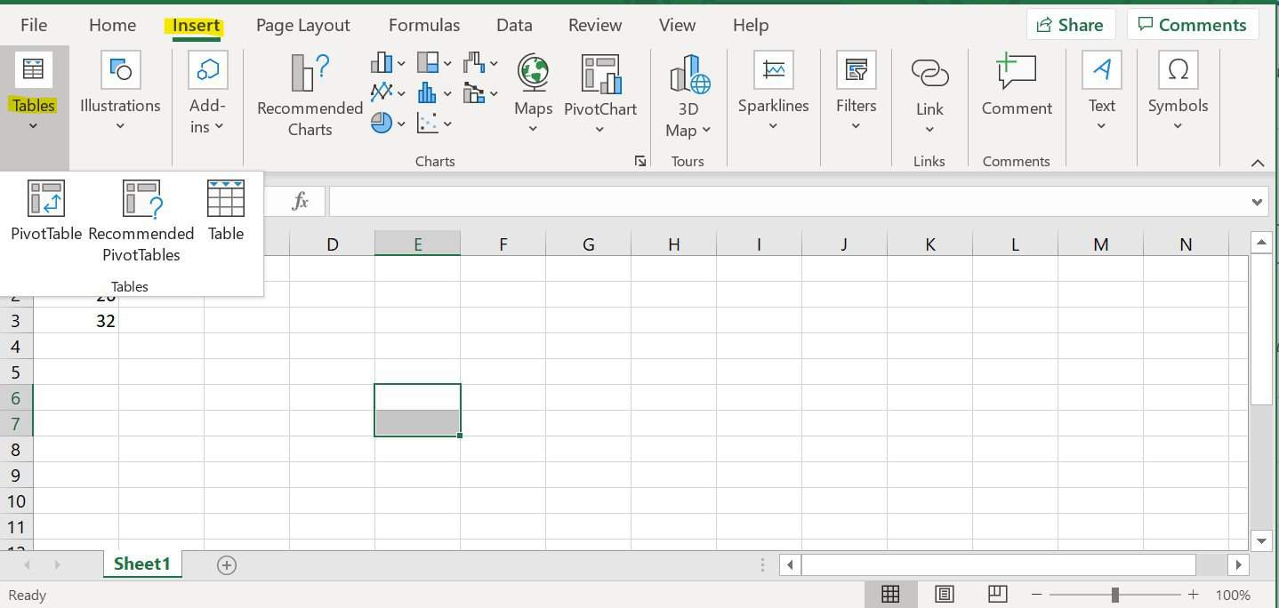 Excel screen showing where to find the pivot table menu.